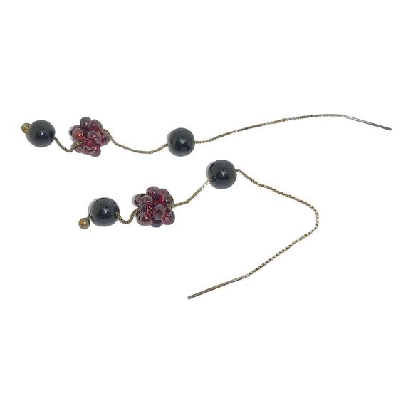 925 Sterling Silver Round Onyx and Garnet Beaded Pierced Ear Threaders Earrings - Picture 2 of 5
